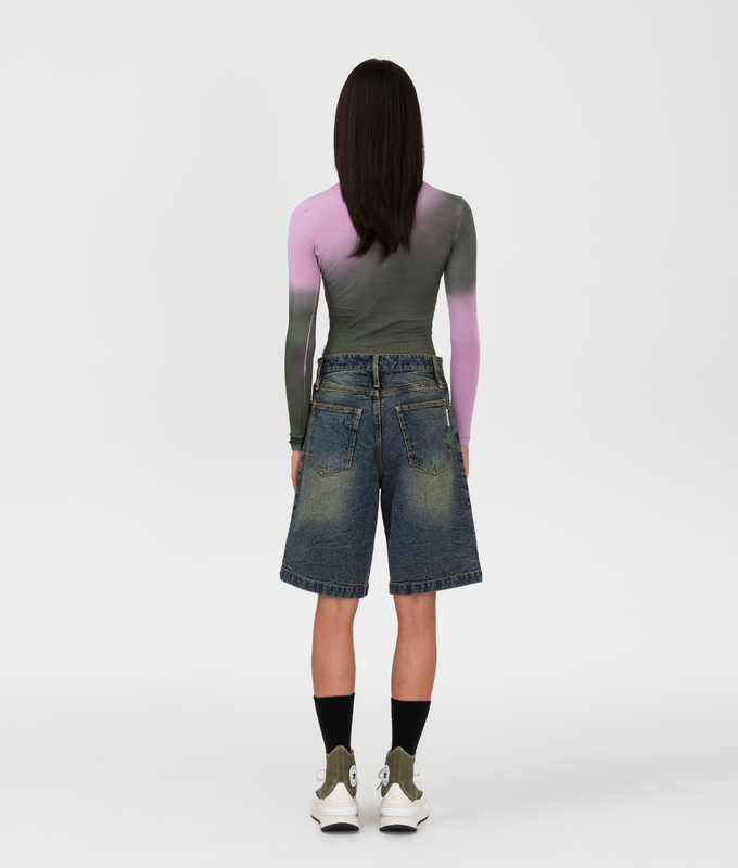 Crease Washed Straight Fit Denim Shorts